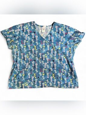 Smart Scrubs Blue Floral V-Neck Print Scrub Top